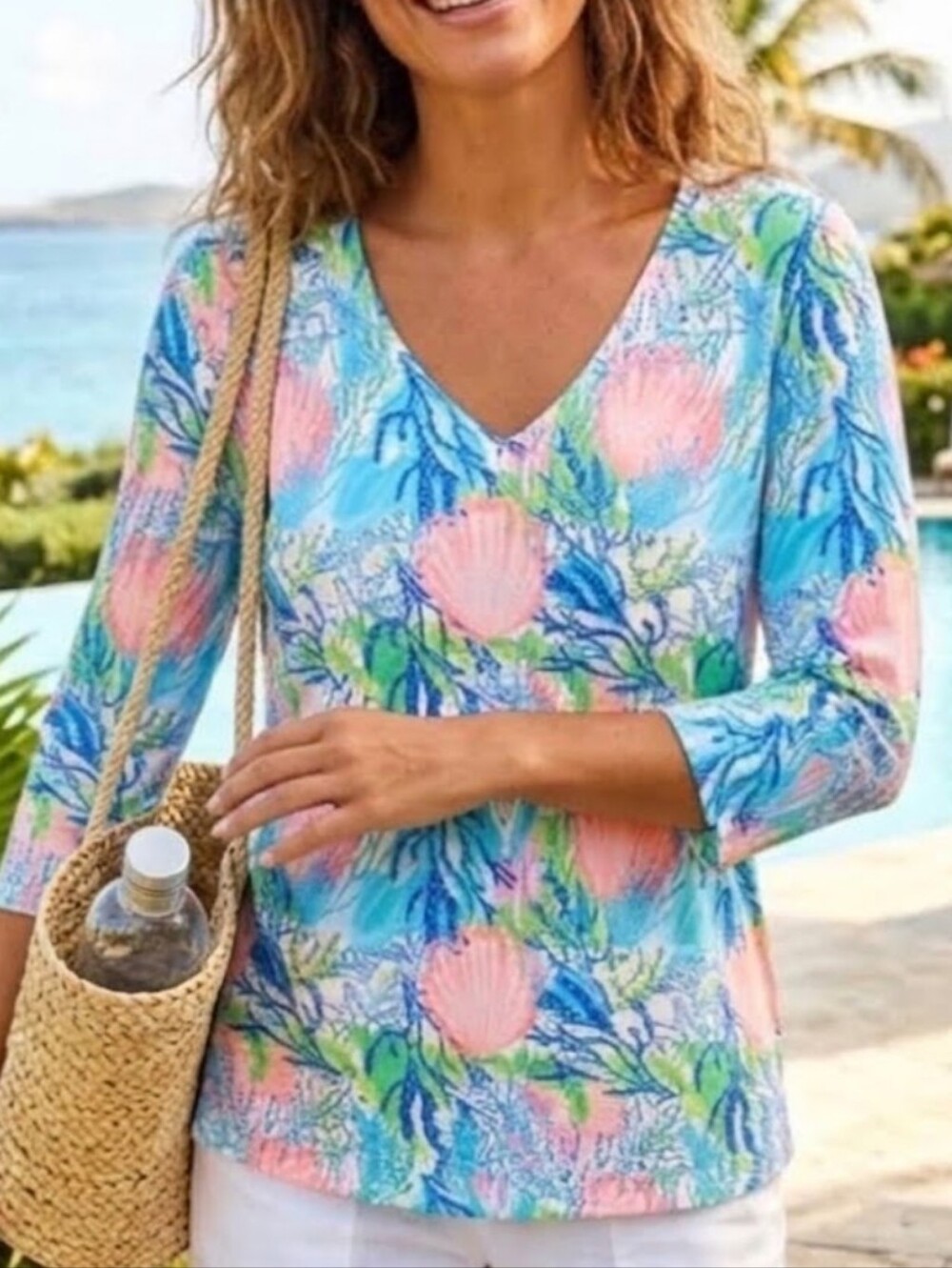 Lulu B Srashell Pink And Blue V-Neck Tunic Size XL Resortwear